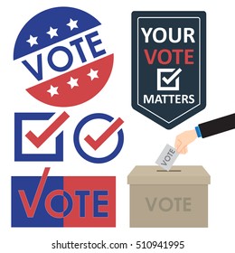 Vote icon in flat style - hand putting paper in the ballot box - Vector illustration