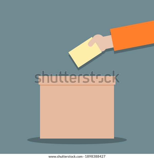 vote icon. hand cartoon  with ballot and box\
isolated on grey\
background