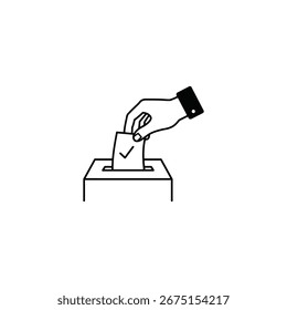 Icono de voto sobre fondo blanco, un simple dibujo de línea de una mano que coloca una boleta en una caja, perfecto para diseños relacionados con las elecciones, la democracia y la participación cívica.
