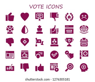  vote icon set. 30 filled vote icons. Simple modern icons about  - Thumbs up, Like, Merit, Thumbs down, Awards, Unhappy, Award, Negative, Web, Nice, Dislike, Red cross, Vote, Reward