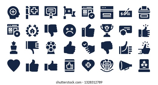 vote icon set. 32 filled vote icons. on blue background style Simple modern icons about  - Positive, Web, Award, Like, Red cross, Awards, Thumbs down, Merit, Dislike, Thumb up