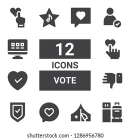 vote icon set. Collection of 12 filled vote icons included Check in, Red cross, Like, Verified, Dislike, Check, Web