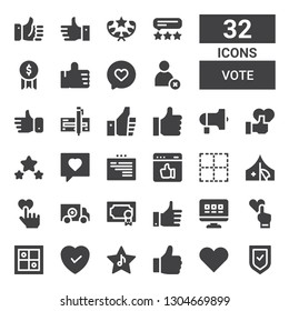 vote icon set. Collection of 32 filled vote icons included Verified, Like, Evaluation, Web, Award, Red cross, No border, Protest, Thumbs up, Check, Cancel, Satisfaction