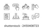 Vote icon set. Voting symbol collection. Election, ballot box, candidate, raising hands and right choice