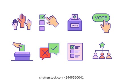 Abstimmungssymbol gesetzt. Wahlsymbol Kollektion. Wahl, Wahlurne, Kandidat, Hände heben und richtige Wahl