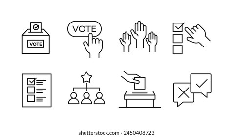 Vote icon set. Voting symbol collection. Election, ballot box, candidate, raising hands and right choice