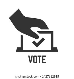 Vote icon with voter hand insert paper in ballot box. Democracy election poll silhouette symbol.