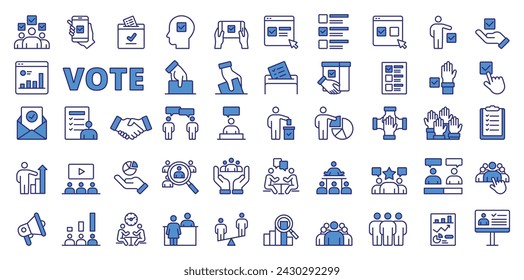 Vote icons in line design, blue. Vote, election, democracy, poll, ballot, voting, infographic, website, line, candidate, politics, isolated on white background vector. Vote editable stroke icons.