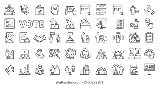 Vote icons in line design. Vote, election, democracy, poll, ballot, voting, infographic, website, line, candidate, politics, isolated on white background vector. Vote editable stroke icons.