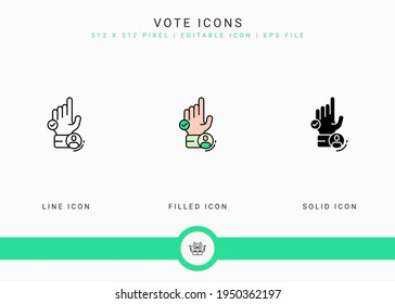 Los iconos de voto establecen la ilustración vectorial con estilo de línea de icono sólido. Concepto de elección pública del gobierno. Icono de trazo editable en fondo aislado para diseño web, interfaz de usuario y aplicación móvil