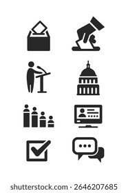 Ícones de votação definem vetor. Placas de voto dos políticos. Capitólio. Presidente e votação no congresso. Debate sobre a justiça no Parlamento. Documento de votação. Símbolos de silhueta preta de vetor definem ilustração de estoque
