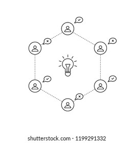 Vote for the idea. Vector outline people and lightbulb.  Business meeting. Idea design. Brainstorming. Outline brainstorm icon. 