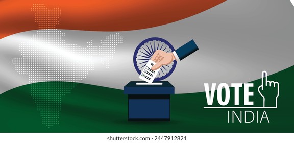 vote India Hand voting ballot box on waving Indian flag vector poster
