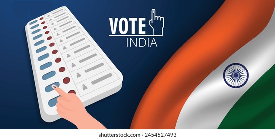 vote india vector poster hand press button of evm machine for voting with India flag