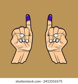 VOTE INK HAND, PURPLE INK LITTLE FINGER AFTER VOTING , JARI KELINGKING HABIS NYOBLOS, AYO NYOBLOS, PEMILU SERENTAK VECTOR ILLUSTRATION