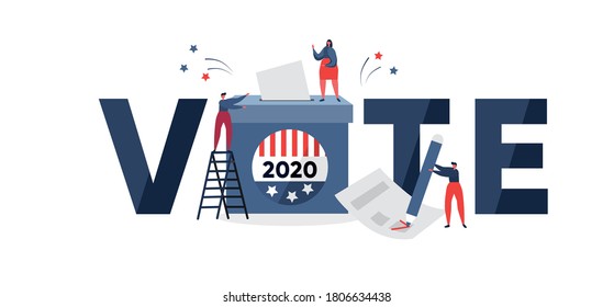 Vote inscription with American flag on badge.People voting. Presidential election banner. Flat vector illustration.