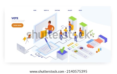 Vote, landing page design, website banner vector template. Voters choosing candidate. Election day. Polling station.