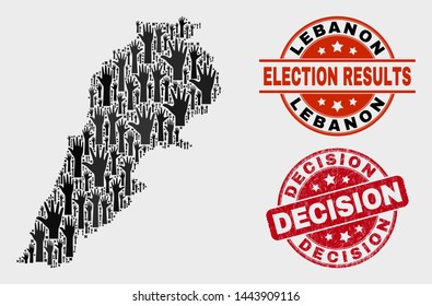 Vote Lebanon map and seals. Red round Decision textured seal stamp. Black Lebanon map mosaic of raised help arms. Vector combination for referendum results, with Decision seal stamp.