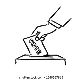 Vote line icon. Hand putting paper in the voting box. Color line art vector illustration.