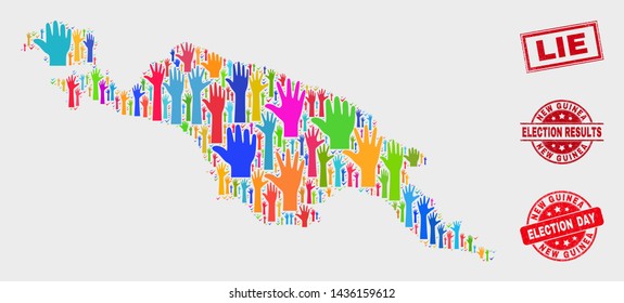 Vote New Guinea map and watermarks. Red rectangle Lie grunge seal. Colored New Guinea map mosaic of upwards vote hands. Vector combination for election day, and ballot results.
