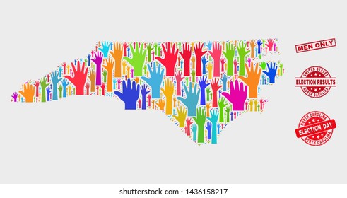 Vote North Carolina State map and seal stamps. Red rectangle Men Only scratched watermark. Colorful North Carolina State map mosaic of upwards vote hands. Vector collage for election day,