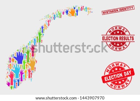 Vote Norway map and seals. Red rectangle Mistaken Identity grunge stamp. Colorful Norway map mosaic of upwards vote arms. Vector composition for election day, and referendum results.