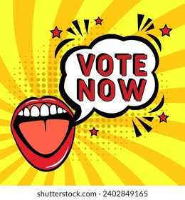 Votar ahora. Explosión de historietas con texto Vota ahora. Elecciones presidenciales de los Estados Unidos de América. Cartel para negocios, marketing y publicidad. Soc