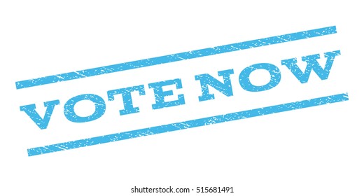 Vote Now watermark stamp. Text caption between parallel lines with grunge design style. Rubber seal stamp with unclean texture. Vector light blue color ink imprint on a white background.