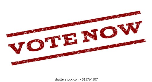 Vote Now watermark stamp. Text caption between parallel lines with grunge design style. Rubber seal stamp with scratched texture. Vector dark red color ink imprint on a white background.
