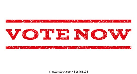 Vote Now watermark stamp. Text caption between parallel lines with grunge design style. Rubber seal stamp with dust texture. Vector red color ink imprint on a white background.