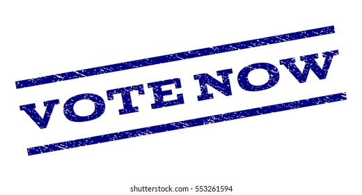 Vote Now watermark stamp. Text caption between parallel lines with grunge design style. Rubber seal stamp with dirty texture. Vector navy blue color ink imprint on a white background.