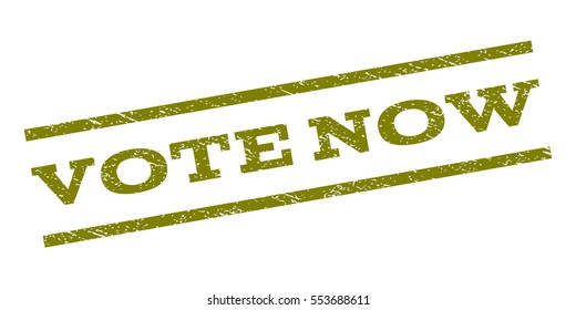 Vote Now watermark stamp. Text tag between parallel lines with grunge design style. Rubber seal stamp with dust texture. Vector olive color ink imprint on a white background.