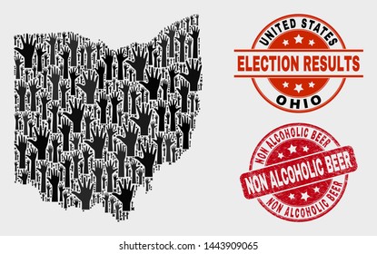 Vote Ohio State map and seal stamps. Red round Non Alcoholic Beer textured seal. Black Ohio State map mosaic of raised up help arms. Vector collage for referendum results,
