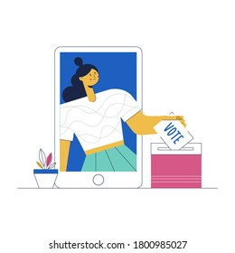 Wählen Sie online Vektorkonzept. Digitale Wahl mit Telefon. Illustration zur elektronischen Abstimmung. Mobile Umfrage pro Internet. Der Wähler setzt die Wahl in die Schachtel. 