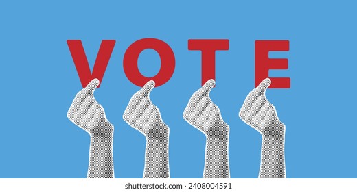 Vote and opinion poll concept of people voting. Halftone sticker of human hands holding vote letters on blue background. Vector illustration