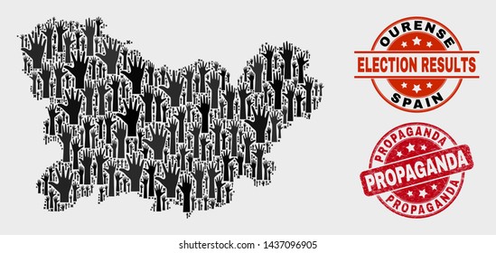 Vote Ourense Province map and seal stamps. Red round Propaganda grunge seal stamp. Black Ourense Province map mosaic of raised voting arms. Vector collage for ballot results,