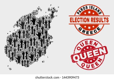 Vote Paros Island map and seal stamps. Red rounded Queen scratched stamp. Black Paros Island map mosaic of upwards vote arms. Vector composition for referendum results, with Queen seal stamp.