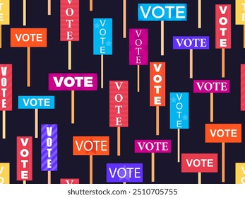 Vote placard seamless pattern. Election signs with the word "vote". Elections, voting process. Design for advertising, brochure, promotional products and campaigning. Vector illustration