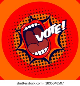 Vote poster. Large open mouth with slogan "vote!" big letters on a dynamic background with rotation. Advertising company call. Cartoon style symbol. Copy paste. Vector illustration isolated. Sticker.