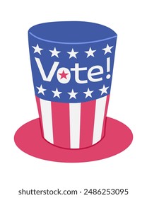 Vote poster with USA hat and white stars on blue backgrounds and red stripes in hat shape. Vote icon, sticker, badge or sign. Voting, presidential campaign concept. American election design element