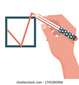 Vote for president concept vector isolated. Hand with pencil leaving red check mark for candidate. Flag of US.