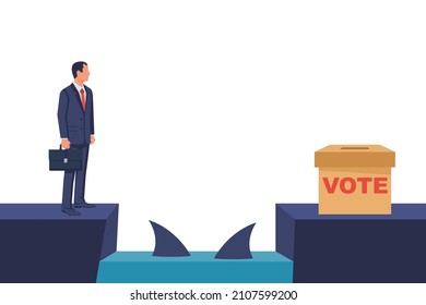 Vote problem. Businessman obstacle metaphor. Conquering adversity. Hurdle on way concept. Overcoming obstacle on road. Vector illustration flat design. Barrier on way to success. 