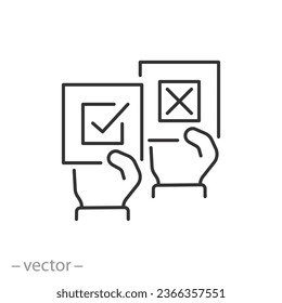 vote process icon, pros and cons voting sheets, ballot papers for and against, linear sign isolated on white background - editable illustration eps10