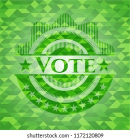 Vote realistic green emblem. Mosaic background