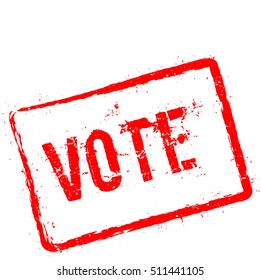 Vote red rubber stamp isolated on white background. Grunge rectangular seal with text, ink texture and splatter and blots, vector illustration.
