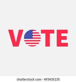 Vote red text Round American flag. Star and strip. President election day. Voting concept. Isolated White background Flat design Vector illustration