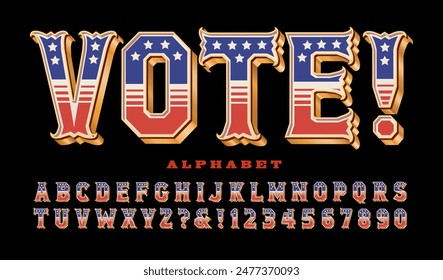 Vote! is a red, white, and blue lettering style incorporating the United States flag. Ideal for election year headlines and banners.