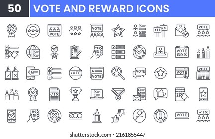 Juego de iconos de línea vectorial Vote y Reward. Contiene iconos lineales como Rating, Poll, Survey, Check, Democracy, Debate, Congress, Referendum, Star, Choice, Election. Uso editable y apoplejía para web.