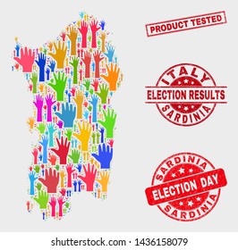 Vote Sardinia map and watermarks. Red rectangular Product Tested textured seal stamp. Colored Sardinia map mosaic of upwards election hands. Vector combination for election day, and ballot results.