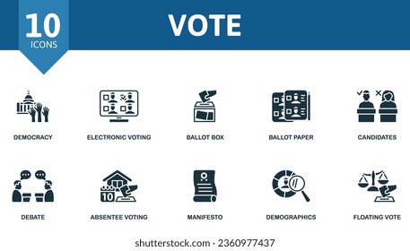 Vote set. Creative icons: democracy, electronic voting, ballot box, ballot paper, candidates, debate, absentee voting, manifesto, demographics, floating vote.